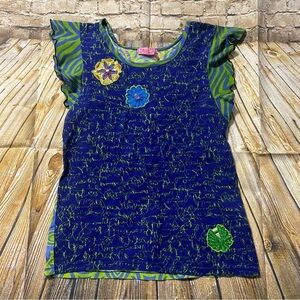 Haven Girl Blue Green Floral Beaded Ruffle Sleeve Top